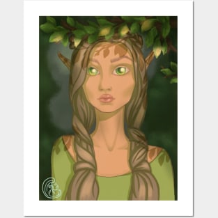 Forest nymph. Beautiful elf with big green eyes, anime art Posters and Art